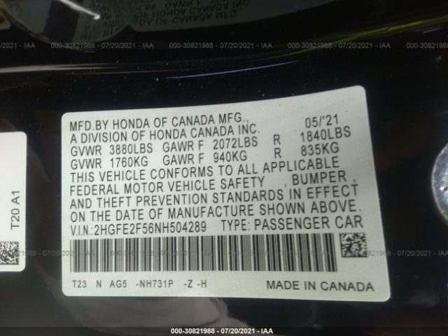 Photo 8 VIN: 2HGFE2F56NH504289 - HONDA CIVIC SEDAN 