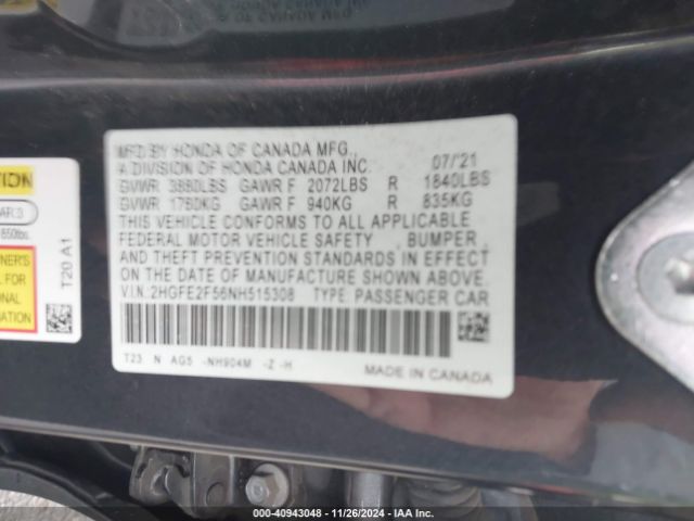 Photo 8 VIN: 2HGFE2F56NH515308 - HONDA CIVIC 