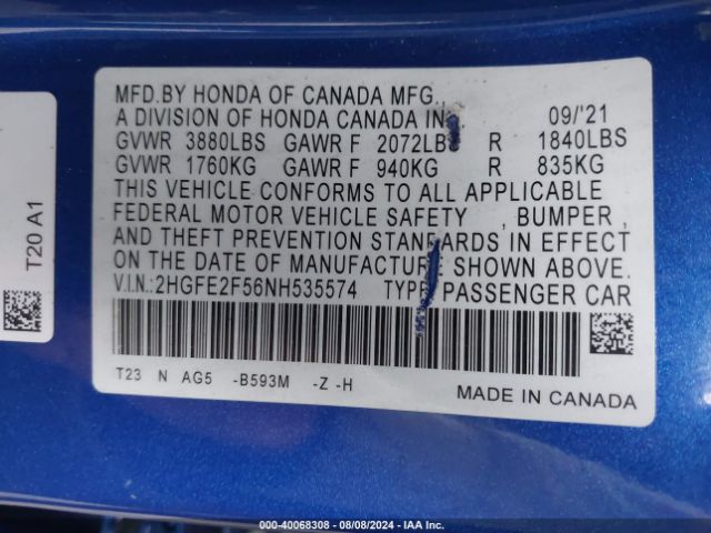 Photo 8 VIN: 2HGFE2F56NH535574 - HONDA CIVIC 