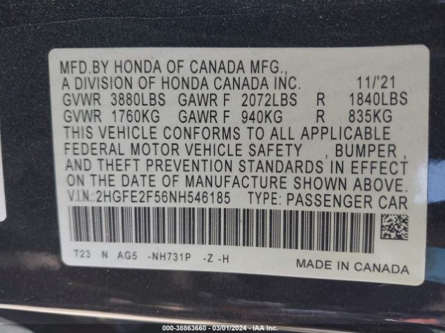 Photo 8 VIN: 2HGFE2F56NH546185 - HONDA CIVIC 