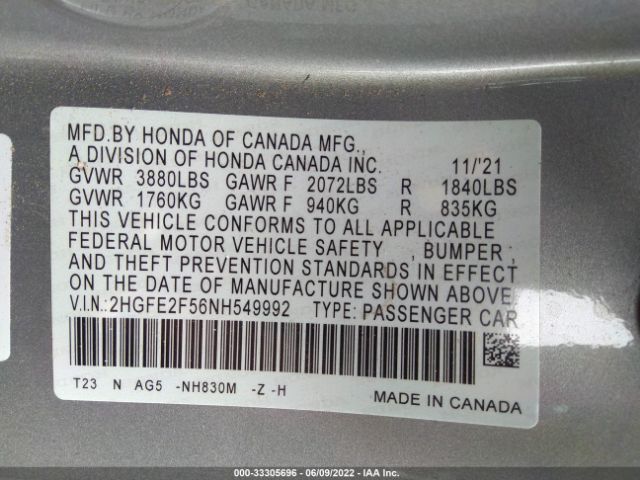 Photo 8 VIN: 2HGFE2F56NH549992 - HONDA CIVIC SEDAN 