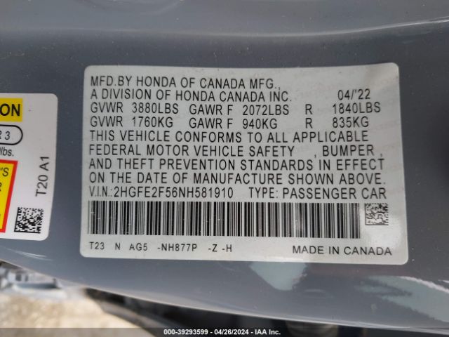 Photo 8 VIN: 2HGFE2F56NH581910 - HONDA CIVIC 