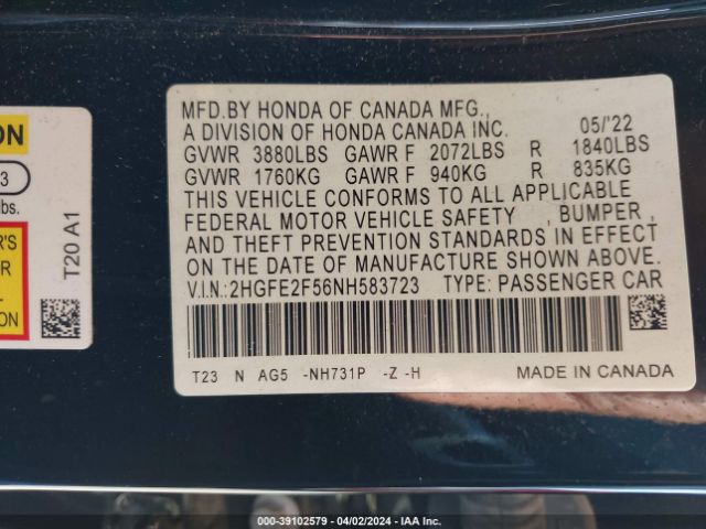 Photo 8 VIN: 2HGFE2F56NH583723 - HONDA CIVIC 