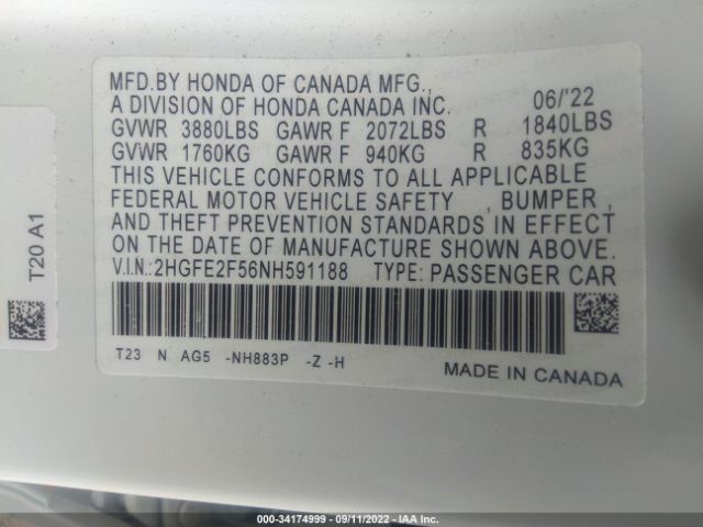 Photo 8 VIN: 2HGFE2F56NH591188 - HONDA CIVIC SEDAN 