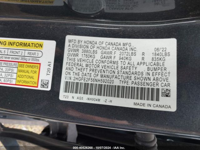 Photo 8 VIN: 2HGFE2F56NH592020 - HONDA CIVIC 