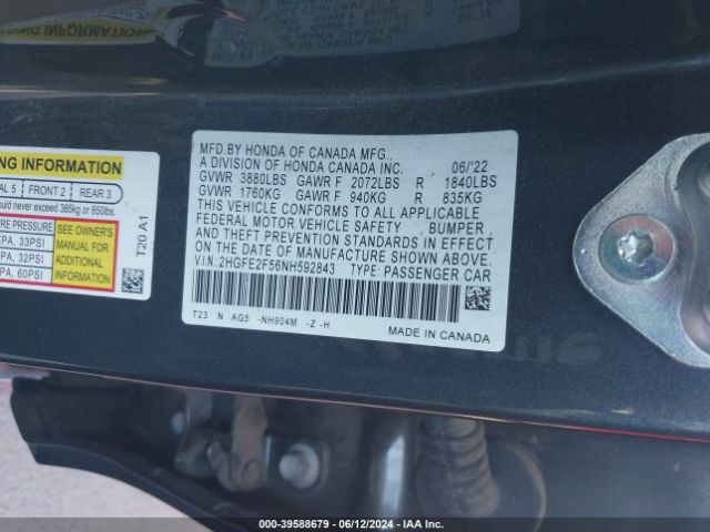 Photo 8 VIN: 2HGFE2F56NH592843 - HONDA CIVIC 