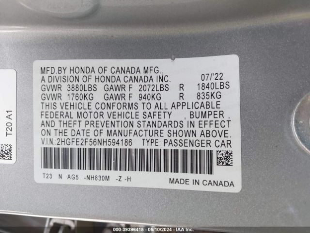 Photo 8 VIN: 2HGFE2F56NH594186 - HONDA CIVIC 