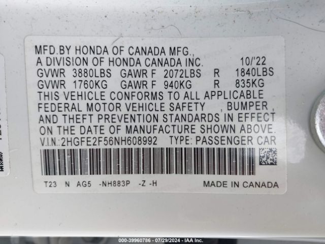 Photo 8 VIN: 2HGFE2F56NH608992 - HONDA CIVIC 