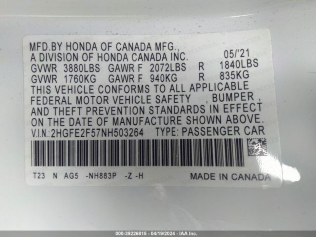 Photo 8 VIN: 2HGFE2F57NH503264 - HONDA CIVIC 