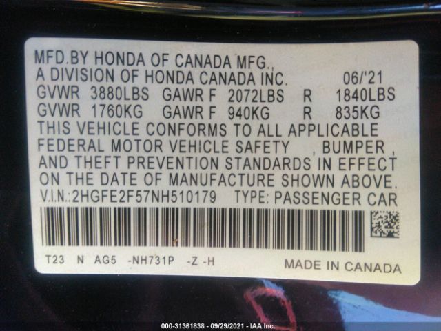 Photo 8 VIN: 2HGFE2F57NH510179 - HONDA CIVIC SEDAN 