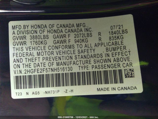 Photo 8 VIN: 2HGFE2F57NH516130 - HONDA CIVIC SEDAN 