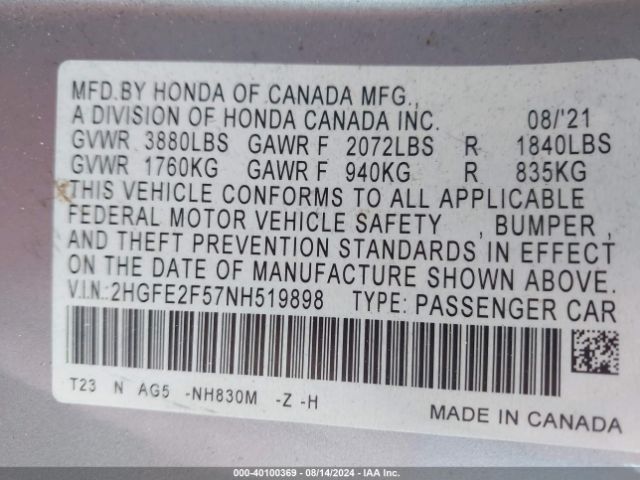 Photo 8 VIN: 2HGFE2F57NH519898 - HONDA CIVIC 