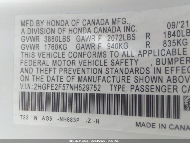 Photo 8 VIN: 2HGFE2F57NH529752 - HONDA CIVIC SEDAN 