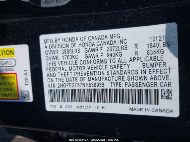 Photo 8 VIN: 2HGFE2F57NH538936 - HONDA CIVIC 