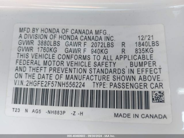 Photo 8 VIN: 2HGFE2F57NH556224 - HONDA CIVIC 