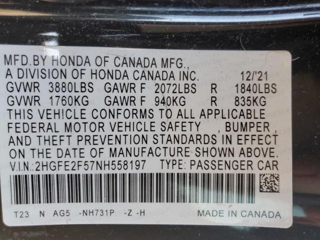 Photo 12 VIN: 2HGFE2F57NH558197 - HONDA CIVIC 