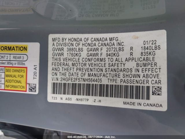 Photo 8 VIN: 2HGFE2F57NH564405 - HONDA CIVIC 