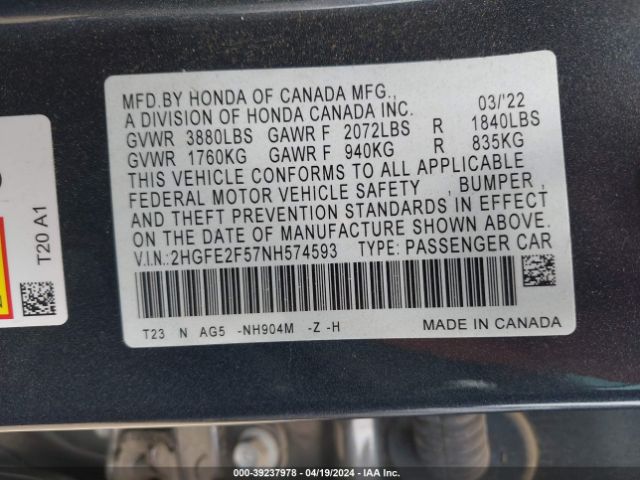 Photo 8 VIN: 2HGFE2F57NH574593 - HONDA CIVIC 