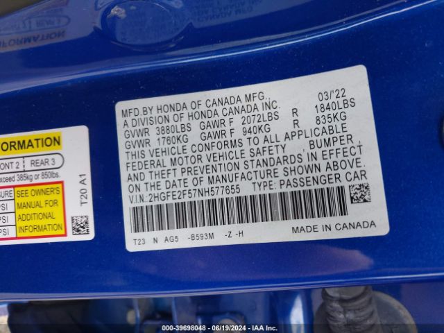 Photo 8 VIN: 2HGFE2F57NH577655 - HONDA CIVIC 