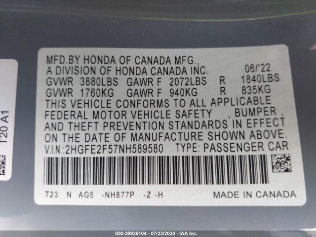 Photo 8 VIN: 2HGFE2F57NH589580 - HONDA CIVIC 