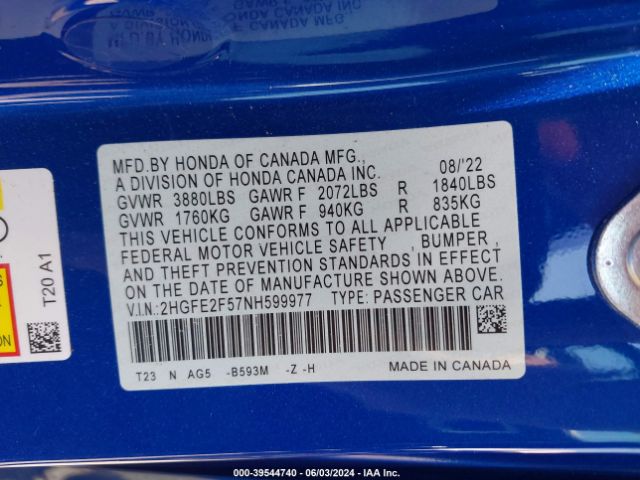 Photo 8 VIN: 2HGFE2F57NH599977 - HONDA CIVIC 