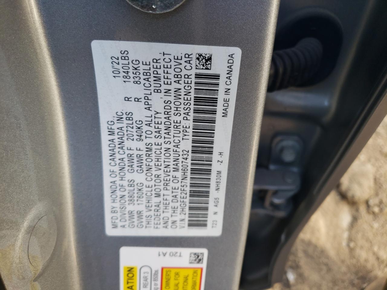 Photo 12 VIN: 2HGFE2F57NH607432 - HONDA CIVIC 