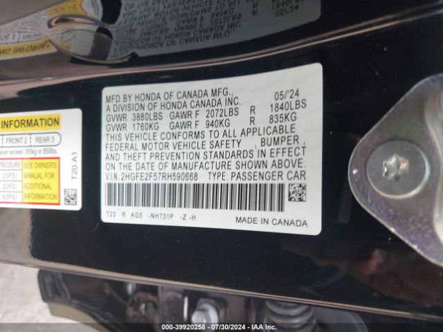 Photo 8 VIN: 2HGFE2F57RH590668 - HONDA CIVIC 