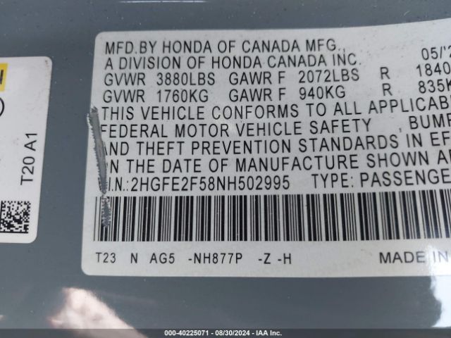 Photo 8 VIN: 2HGFE2F58NH502995 - HONDA CIVIC 