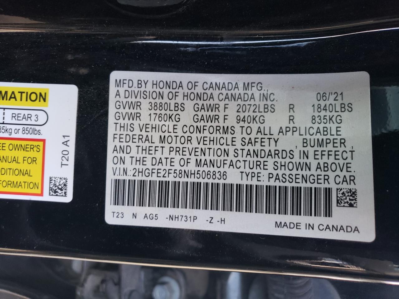 Photo 11 VIN: 2HGFE2F58NH506836 - HONDA CIVIC 