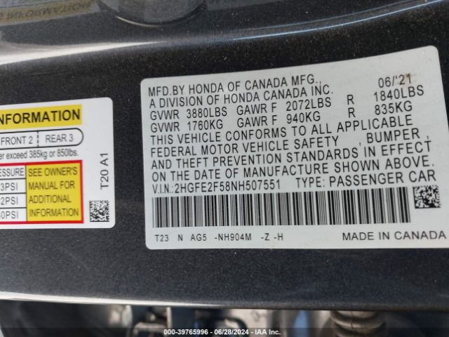 Photo 8 VIN: 2HGFE2F58NH507551 - HONDA CIVIC 