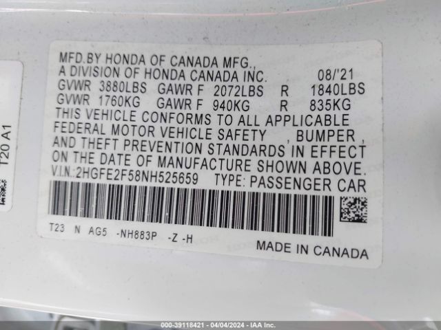 Photo 8 VIN: 2HGFE2F58NH525659 - HONDA CIVIC 