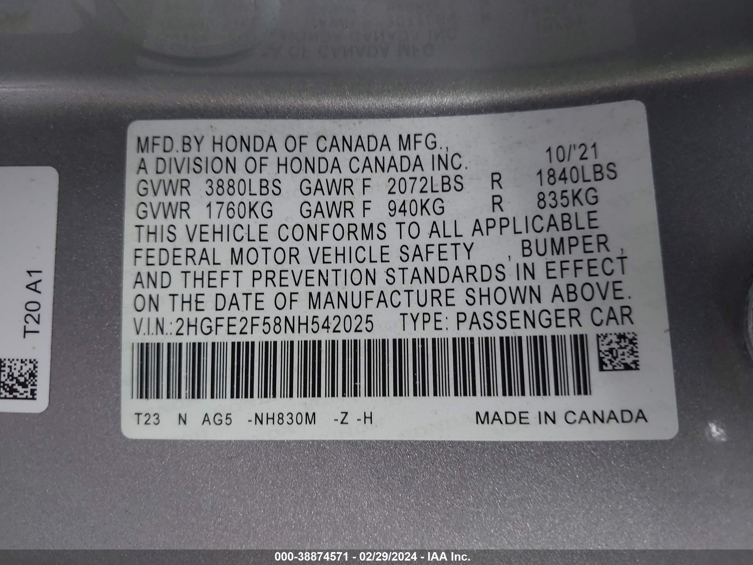 Photo 8 VIN: 2HGFE2F58NH542025 - HONDA CIVIC 