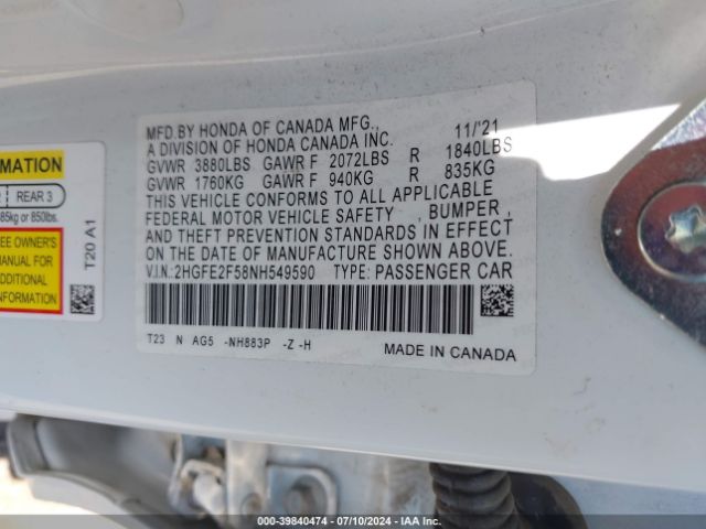 Photo 8 VIN: 2HGFE2F58NH549590 - HONDA CIVIC 