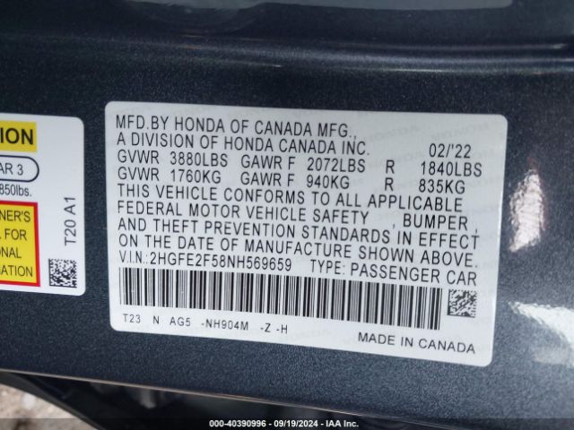 Photo 8 VIN: 2HGFE2F58NH569659 - HONDA CIVIC 