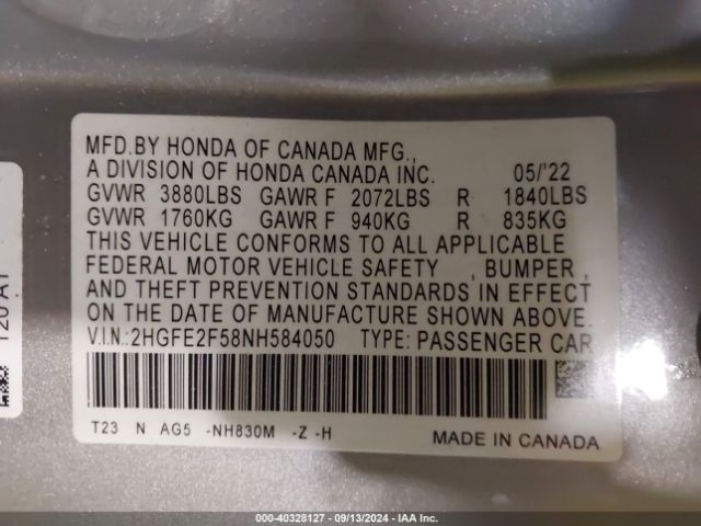 Photo 8 VIN: 2HGFE2F58NH584050 - HONDA CIVIC 