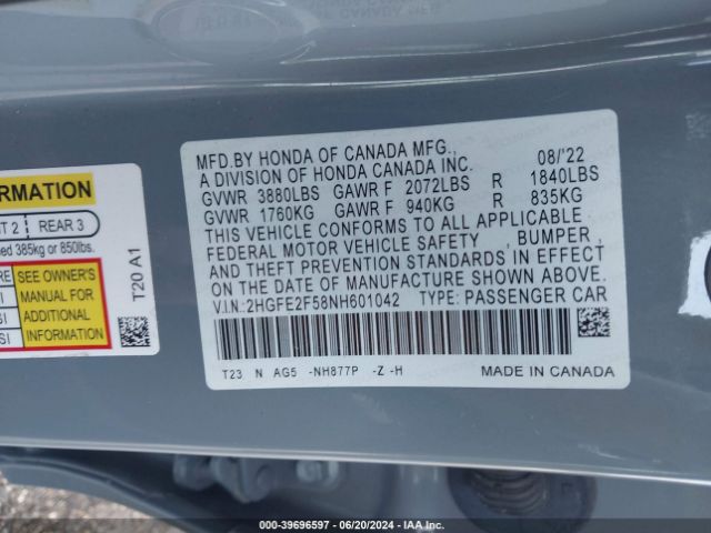 Photo 8 VIN: 2HGFE2F58NH601042 - HONDA CIVIC 