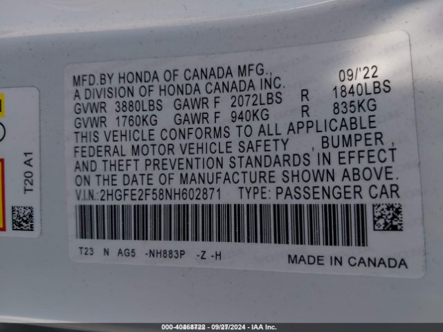 Photo 8 VIN: 2HGFE2F58NH602871 - HONDA CIVIC 