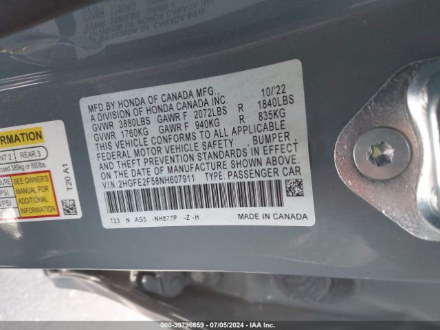 Photo 8 VIN: 2HGFE2F58NH607911 - HONDA CIVIC 