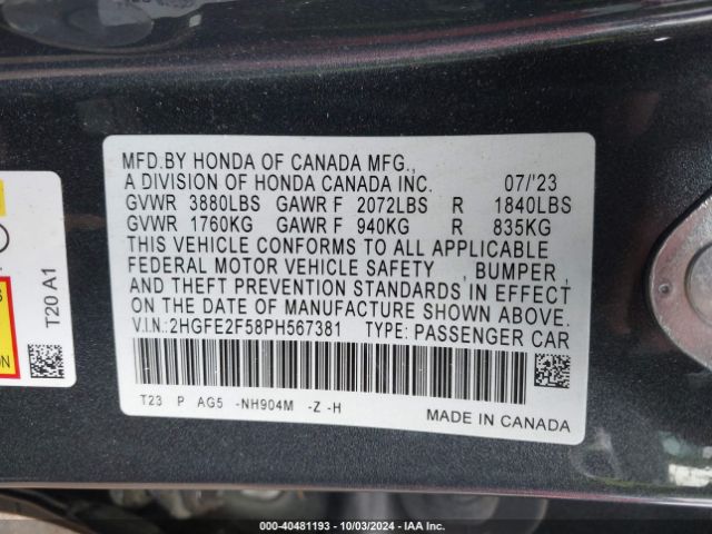 Photo 8 VIN: 2HGFE2F58PH567381 - HONDA CIVIC 