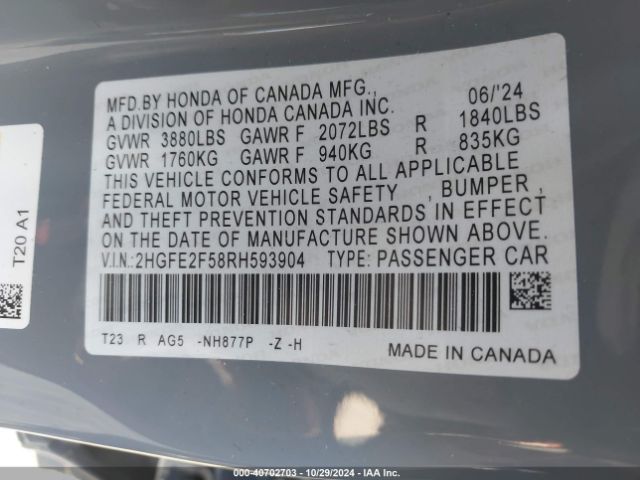 Photo 8 VIN: 2HGFE2F58RH593904 - HONDA CIVIC 