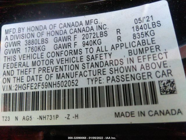 Photo 8 VIN: 2HGFE2F59NH502052 - HONDA CIVIC SEDAN 