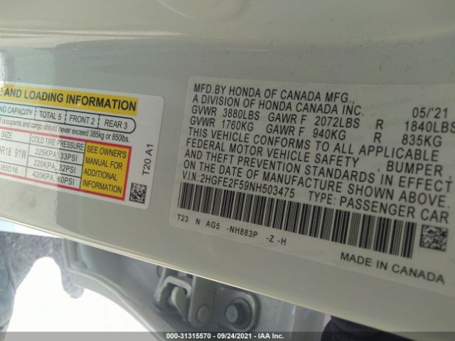 Photo 8 VIN: 2HGFE2F59NH503475 - HONDA CIVIC SEDAN 