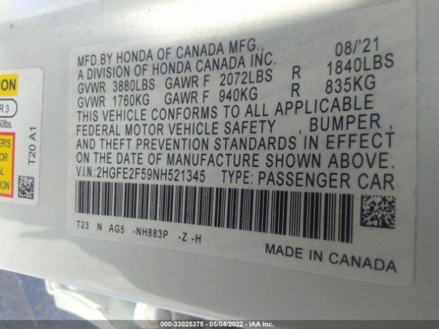 Photo 8 VIN: 2HGFE2F59NH521345 - HONDA CIVIC SEDAN 