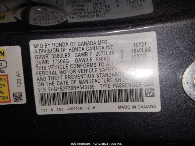 Photo 8 VIN: 2HGFE2F59NH540185 - HONDA CIVIC 