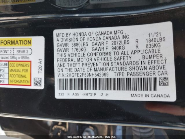 Photo 8 VIN: 2HGFE2F59NH542969 - HONDA CIVIC 