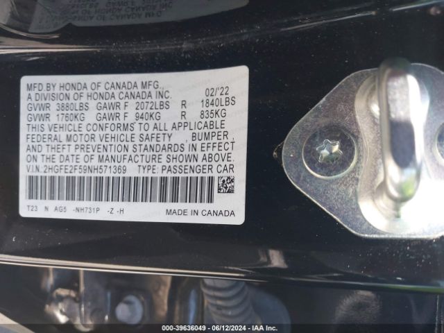 Photo 8 VIN: 2HGFE2F59NH571369 - HONDA CIVIC 