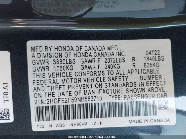 Photo 8 VIN: 2HGFE2F59NH582713 - HONDA CIVIC 