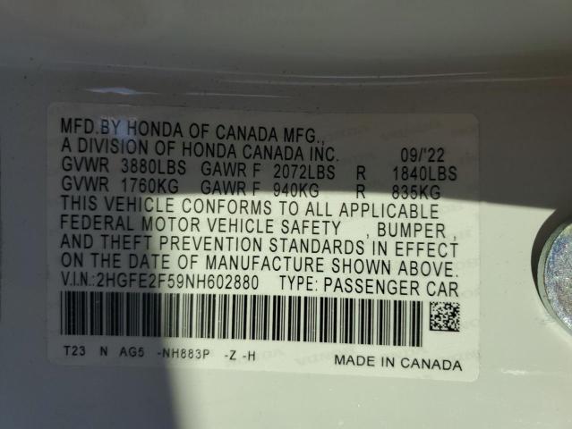 Photo 12 VIN: 2HGFE2F59NH602880 - HONDA CIVIC 