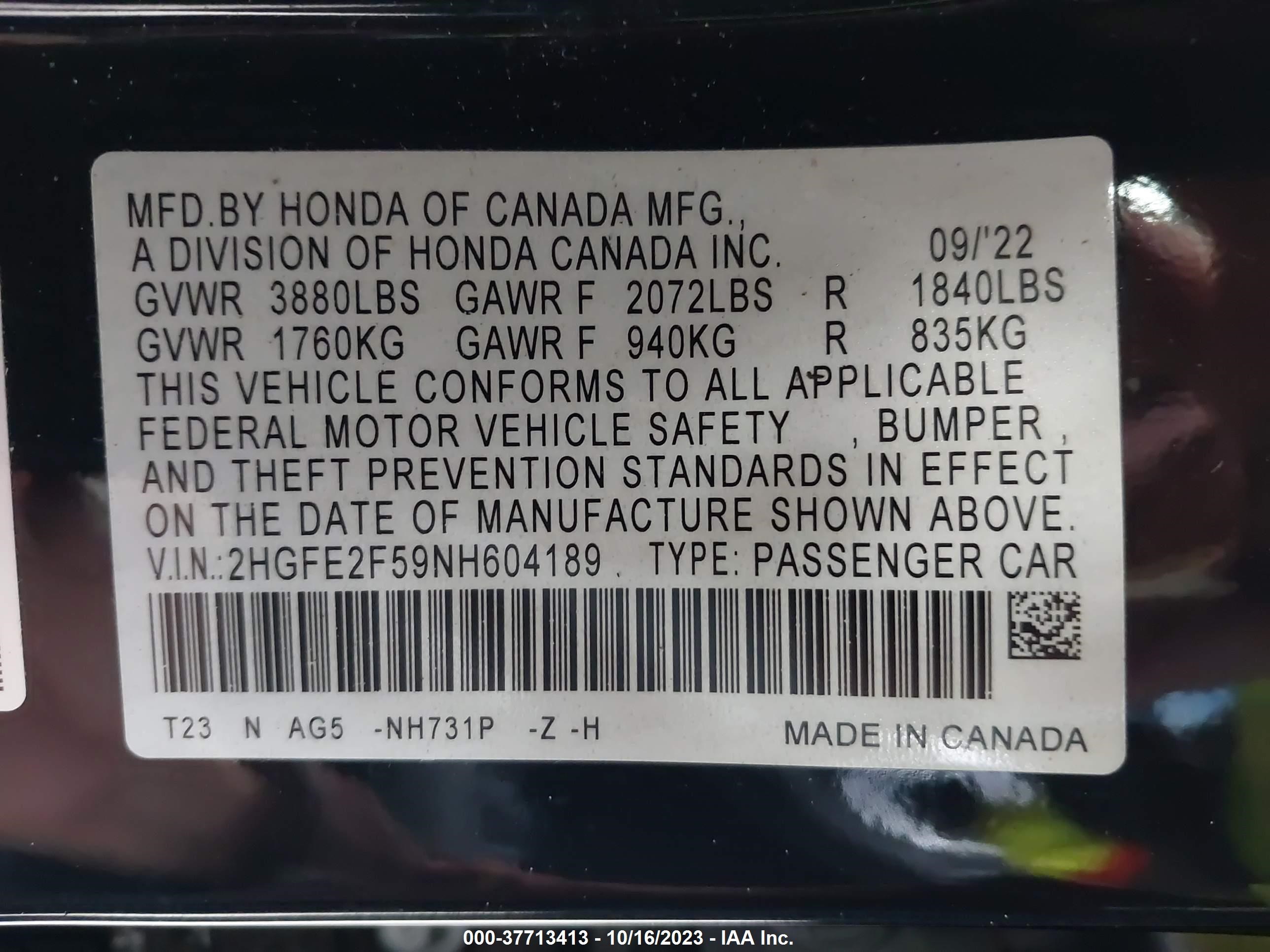 Photo 8 VIN: 2HGFE2F59NH604189 - HONDA CIVIC 