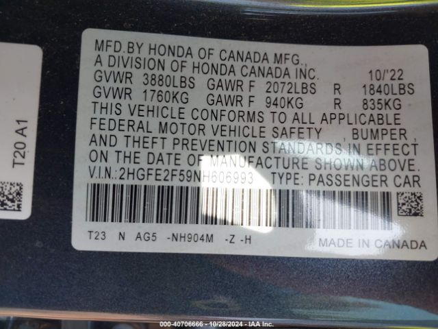 Photo 8 VIN: 2HGFE2F59NH606993 - HONDA CIVIC 